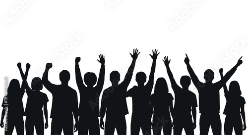 People raising hands in celebration together.