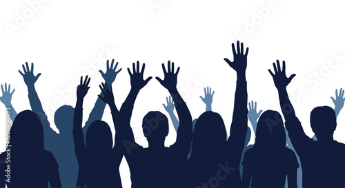 People raising hands in celebration together.