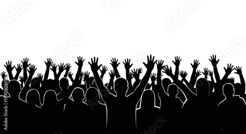 People raising hands in unison crowd.