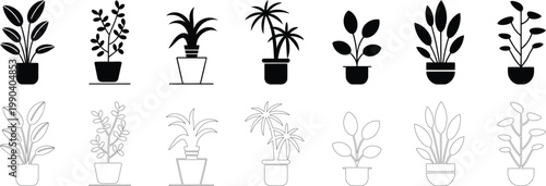 Collection of black and white potted plant and outlines houseplant silhouette