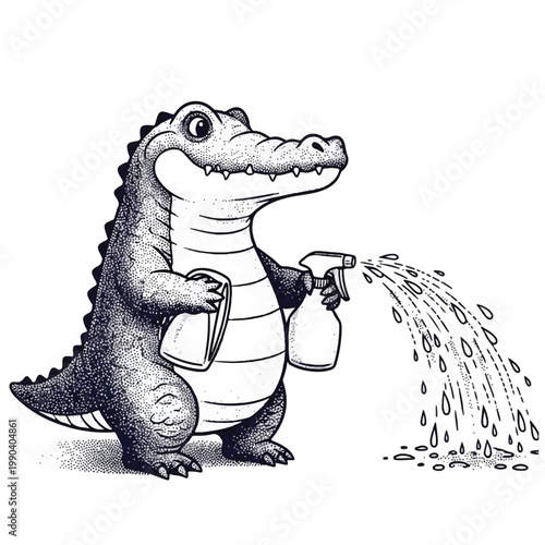 Crocodile spraying water with spray bottle.