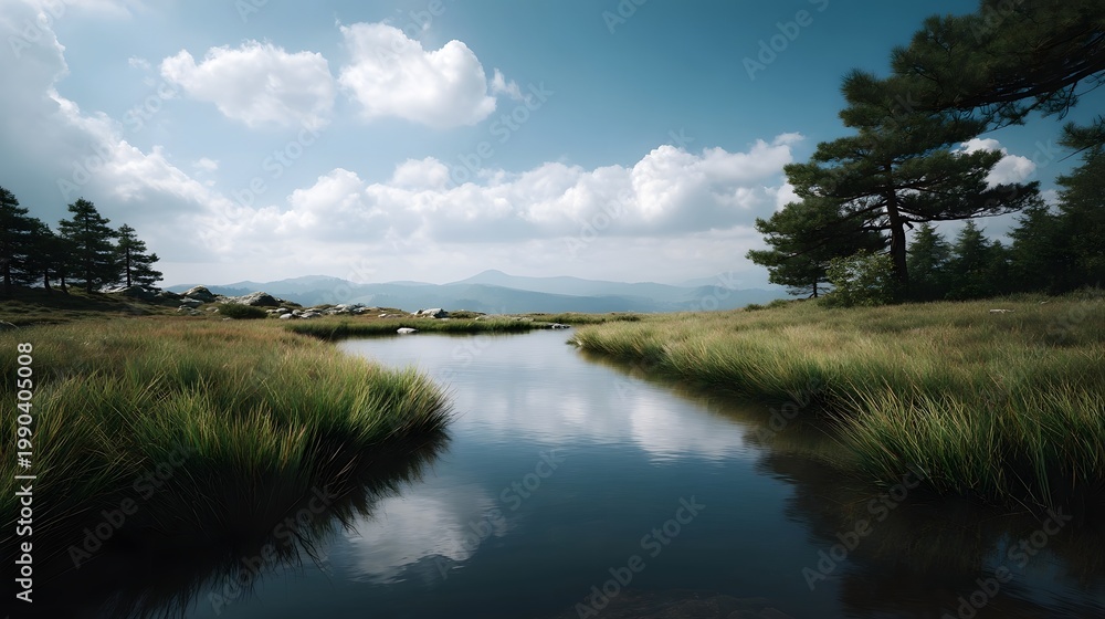 Obraz premium Lush green grasses frame a tranquil wetland inlet reflecting a vast cloudy blue sky and distant hills