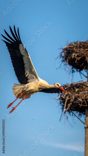White Stork Ciconia Ciconia Flying In Blue Near Nest Wildlife Photography Action Shot With Red Beak And Black Wings