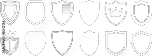 Collection of shield outlines with variations including a crown and horizontal lines emblem crest badge
