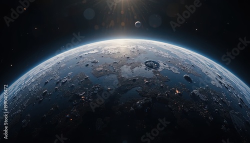 Exoplanet view from orbit, concept of space exploration and colonization with a distant sun and rocky terrain, interstellar travel