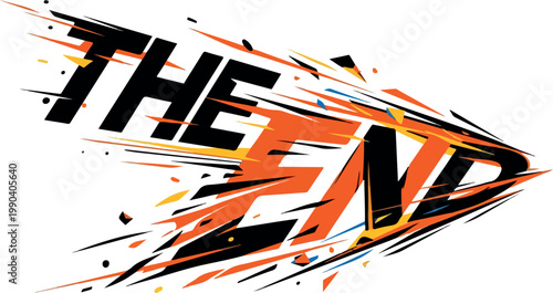 The End" Vector Drawing with Dynamic Exploding Elements, Representing Conclusion and Finality