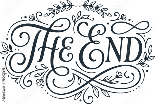 Elegant The End vector drawing with decorative floral elements and flourishes in a vintage style