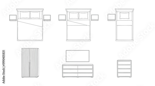 Set of bedroom furniture line art icons including beds, wardrobe, and dressers