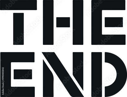 The End vector drawing graphic in black and white, abstract text for conclusion or finish