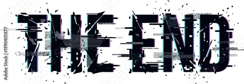 Vector drawing graphic representing the end of a digital experience, glitch art style with fragmented text elements