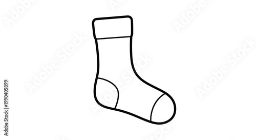 A simple black and white line drawing depicts a single sock viewed from a slightly angled perspective
