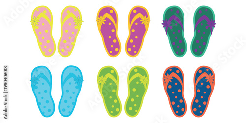 Flip flops summer footwear set. Vector collection of colorful beach slippers with floral decor and polka dot pattern for vacation and pool party design.