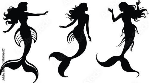 Mermaid silhouettes set, graceful ocean fantasy women with flowing hair and fins, decorative vector illustration isolated background