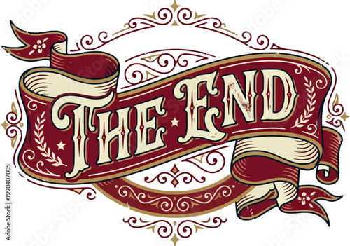 The End graphic banner drawing with decorative elements, vintage style vector art for closing scenes