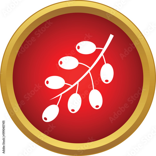 White sea buckthorn berries on a branch inside a red circle with a gold frame