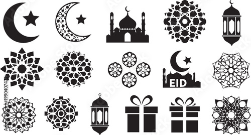 Decorative Arabic Mandala Patterns with Mosque Lantern and Moon for Eid Mubarak Celebrations
