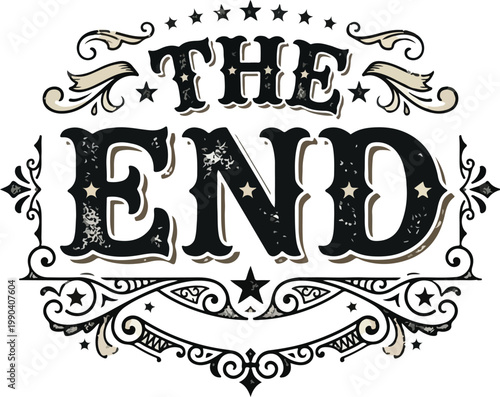 The End vector drawing with ornate flourishes and decorative elements, vintage style text art