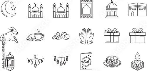 Minimalist Ramadan Kareem Symbols with Kaaba Mosque and Qurbani Goat for Religious Festive Design
