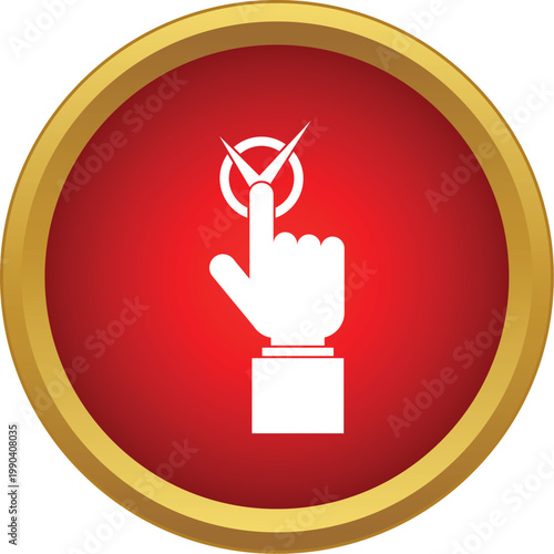 Hand clicking checkmark icon in a red circle button with gold border