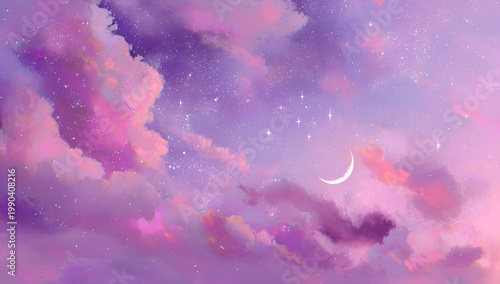 A dreamy scene of a celestial landscape featuring vibrant hues of pink, purple, and blue. Soft clouds and stars surround a crescent moon