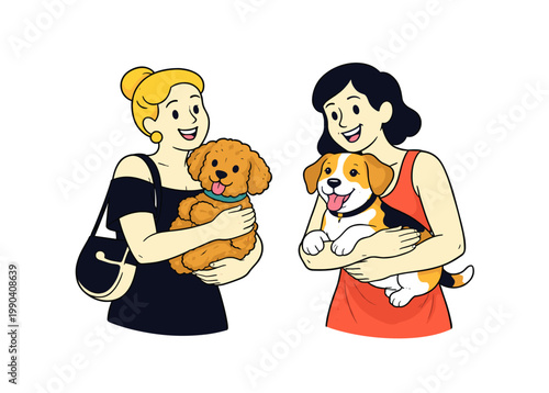 Women holding small pet dogs in their arms. Cute companion animal illustration isolated on white. Two female owners cradle their little dogs in a warm affectionate scene that emphasizes trust.