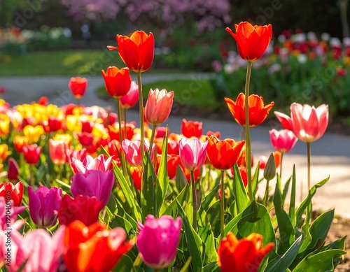 Vibrant Red And Pink Tulips Blooming In Sunny Spring Garden Flowerbed Botanical Park Background Natural Lighting