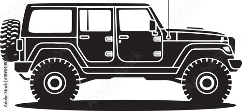 Off road vehicle silhouette showing side view of modern four door suv with oversized tires and spare wheel for extreme expedition.