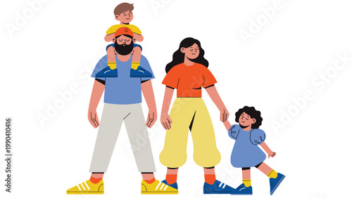 Diverse family with two children holding hands walking happily together outdoors.