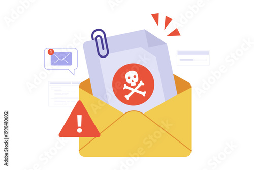 Illustration of Malicious Email Malware Attachment Warning. An open email envelope containing a document with a skull symbol and warning signs, representing a dangerous malware or virus attachment