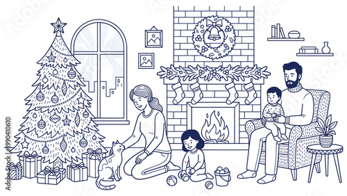 Family enjoying christmas by fireplace and decorated tree in a cozy living room.