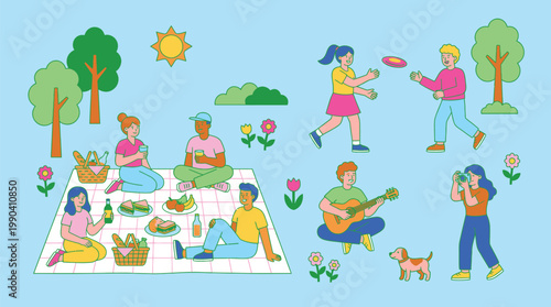 People Enjoying Picnic Outdoors in Park Scene.