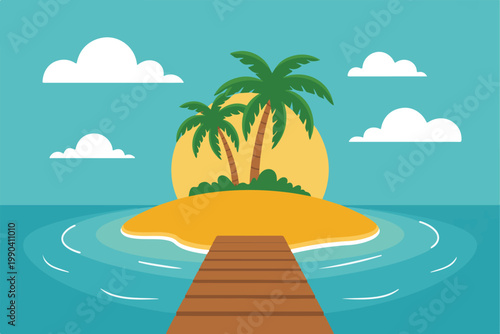Idyllic tropical island with two palm trees and a wooden pier, surrounded by calm ocean and fluffy clouds, vector art.