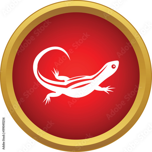 White lizard silhouette in a red circular frame with a golden border, on a white background