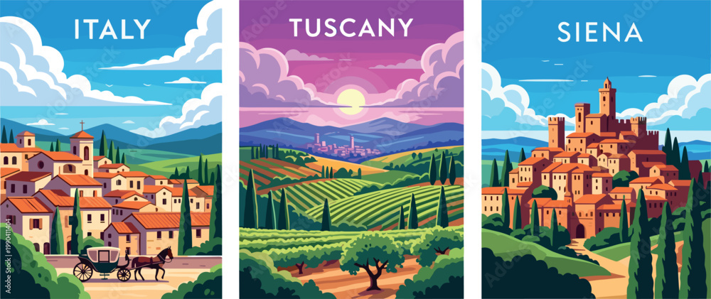 Fototapeta premium Illustration of Tuscany landscape travel posters Italy Siena