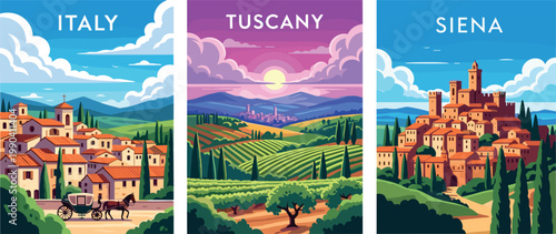 Illustration of Tuscany landscape travel posters Italy Siena