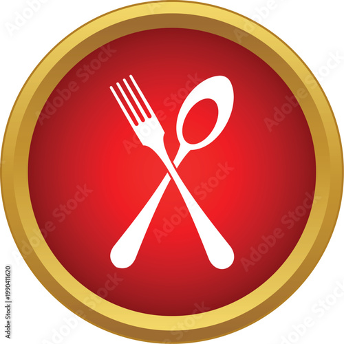 Fork and spoon crossing in a red circle with a golden border