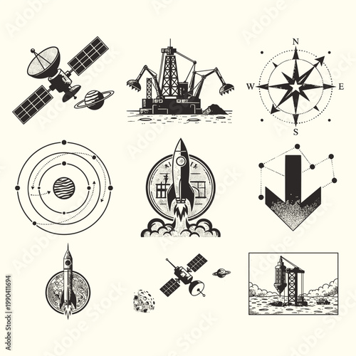 Space Exploration and Technology Icon Industrial Infrastructure Vector Illustrations