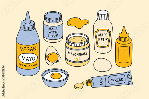 Assorted condiments illustration including vegan mayonnaise jars bottles squeeze mustard ketchup tube and farm fresh organic eggs.