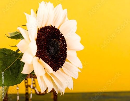 White Sunflower Close Up Macro Photography With Cream Petals And Dark Seed Center On Solid Vibrant Yellow Background