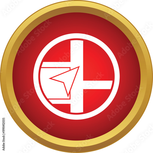 Red circular button with white icon representing a map and directional pointer