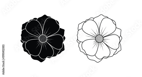 A minimalist black and white illustration depicts two stylized floral blossoms in contrasting tones high quality professional detailed