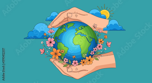 Hands Holding Earth With Flowers Environmental Concept Illustration