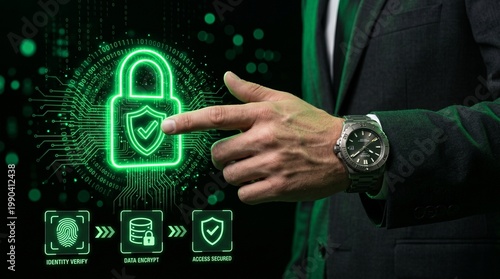 A businessman in a suit interacts with a digital security interface featuring a glowing green padlock and verification icons.