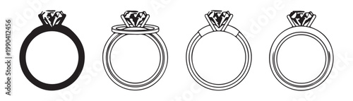Set of four rings diamond rings outlined and solid silhouette on transparent background.