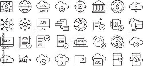Abstract financial and technology icons for digital services and global economy.