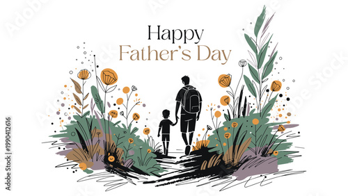 Happy fathers day walking path through garden with father and son silhouette.