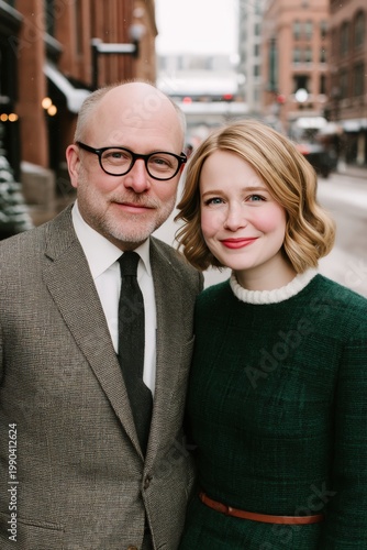 A middle-aged man in glasses and a tweed jacket stands beside a smiling young woman with blonde hair and a green sweater in an urban street setting.