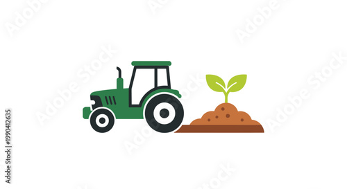 Green tractor plowing field near sprout farming and agriculture illustration