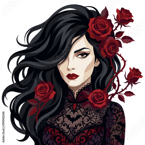 Gothic rose woman portrait in black lace amid crimson blooms and raven hair
