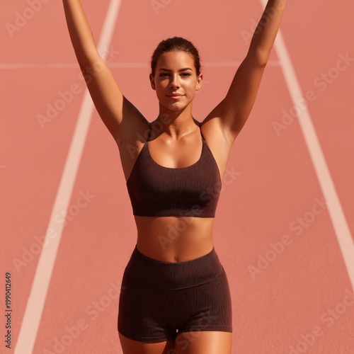 A fit woman in black sportswear raises her arms triumphantly on a running track with warm, natural lighting.